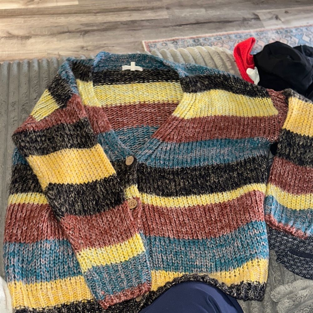 Buckle Multicolor Striped Knit Cardigan - Yellow, Teal, Rust, Black